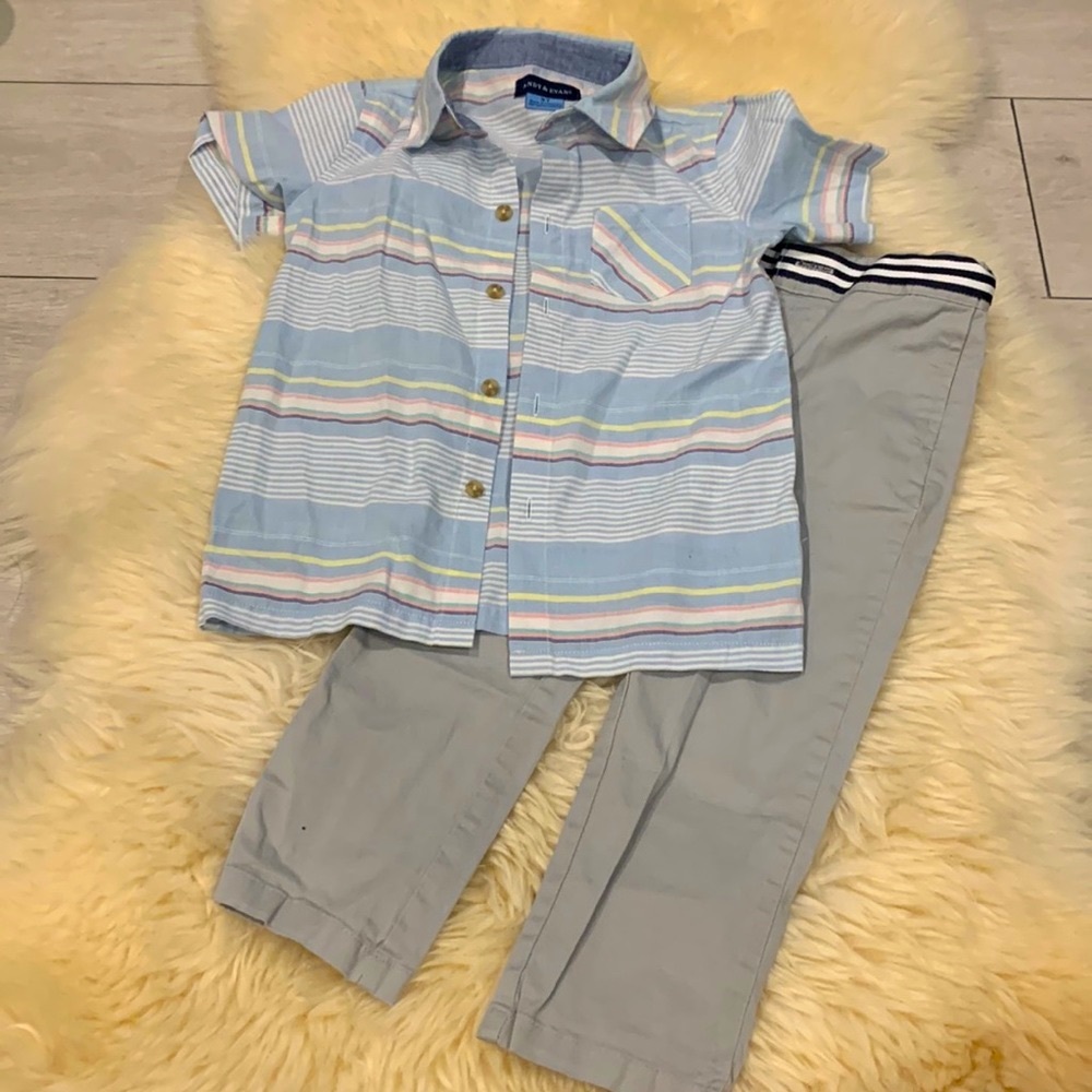 Andy & Evan Dress Striped Shirt with Buttons and Light Gray Khaki Pants in 3T